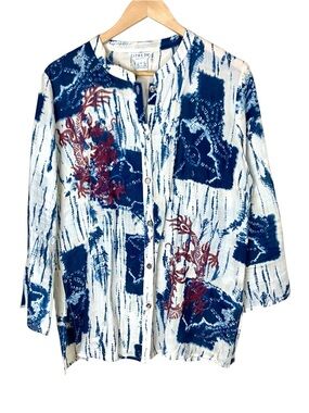 Citron Block Print Ramie Dragon Embroidered Oversized Button Large